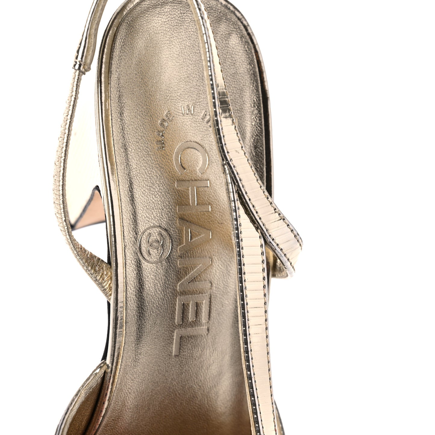 Metallic Calfskin Grosgrain Cap Toe CC Slingback Sandals 35.5 Gold Black