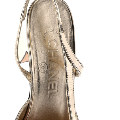 Chanel Metallic Calfskin Grosgrain Cap Toe CC Slingback Sandals 35.5 Gold Black 8 of 9
