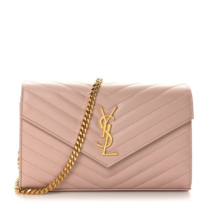 Saint Laurent Grain De Poudre Matelasse Chevron Monogram Chain Wallet Pale Pink 1 of 10