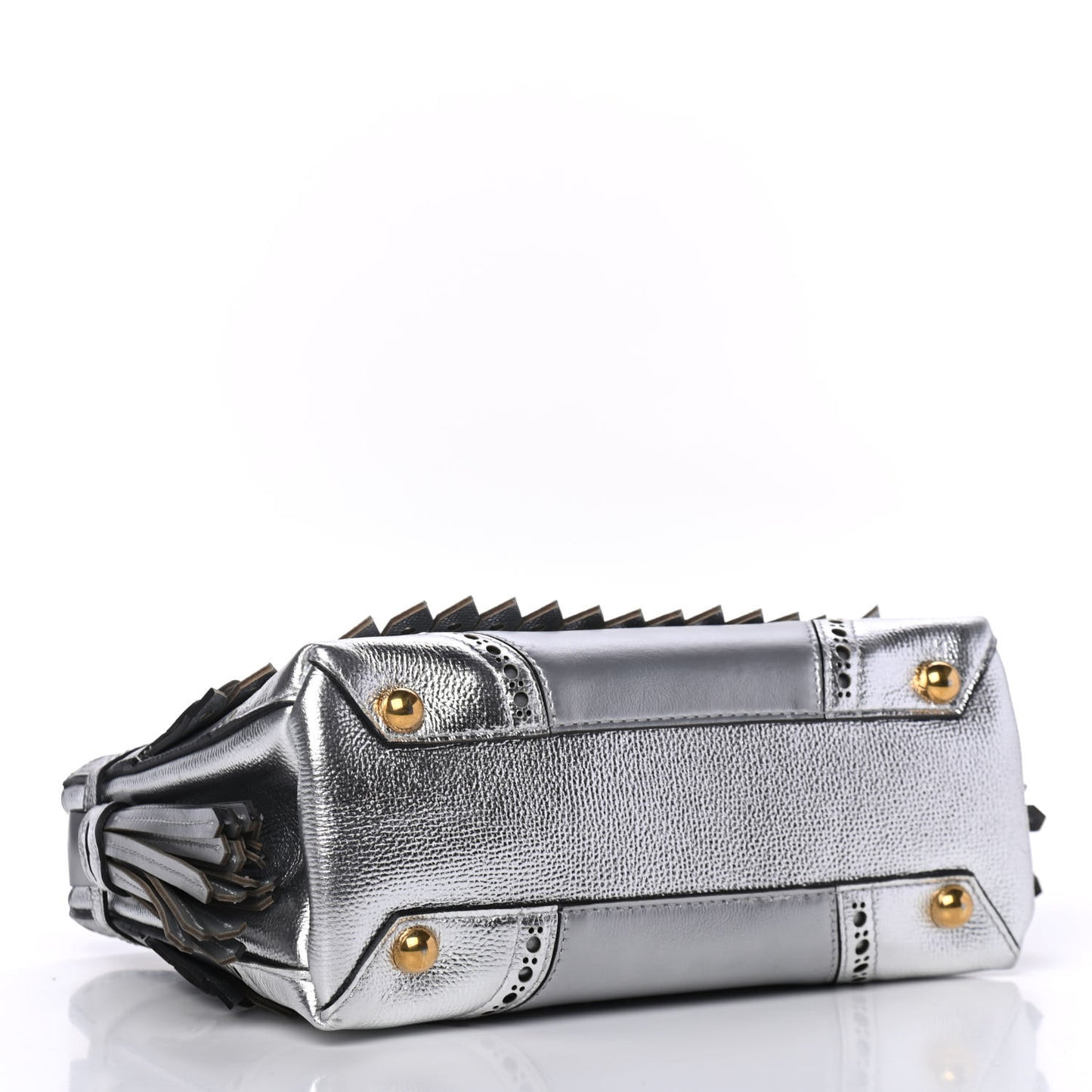 Metallic Calfskin Broguing Small Banner Tote Silver