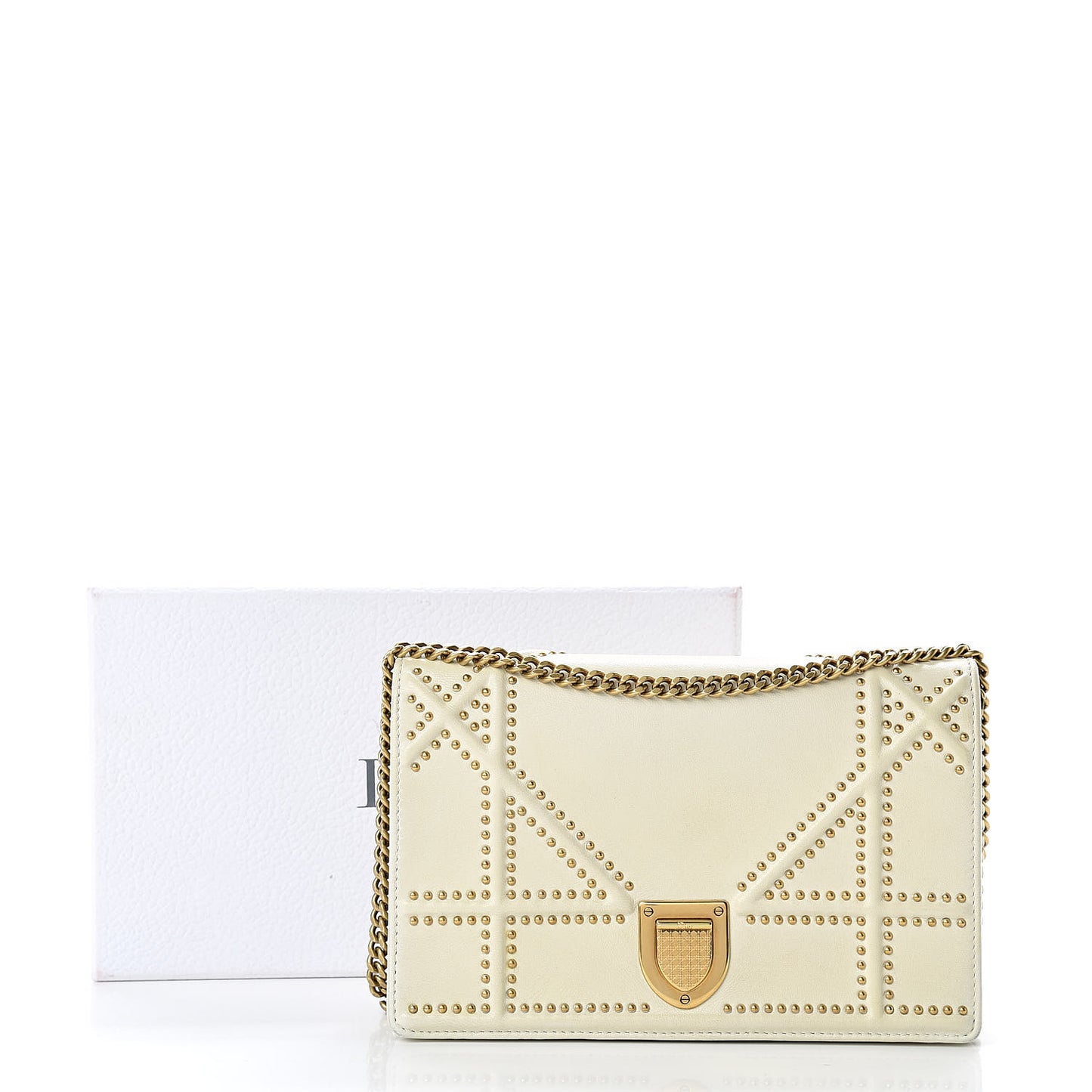 Calfskin Studded Diorama Wallet on Chain Pouch Off White