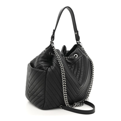 Chanel Deerskin Chevron Medium CC Chain Bucket Drawstring Bag Black 4 of 21