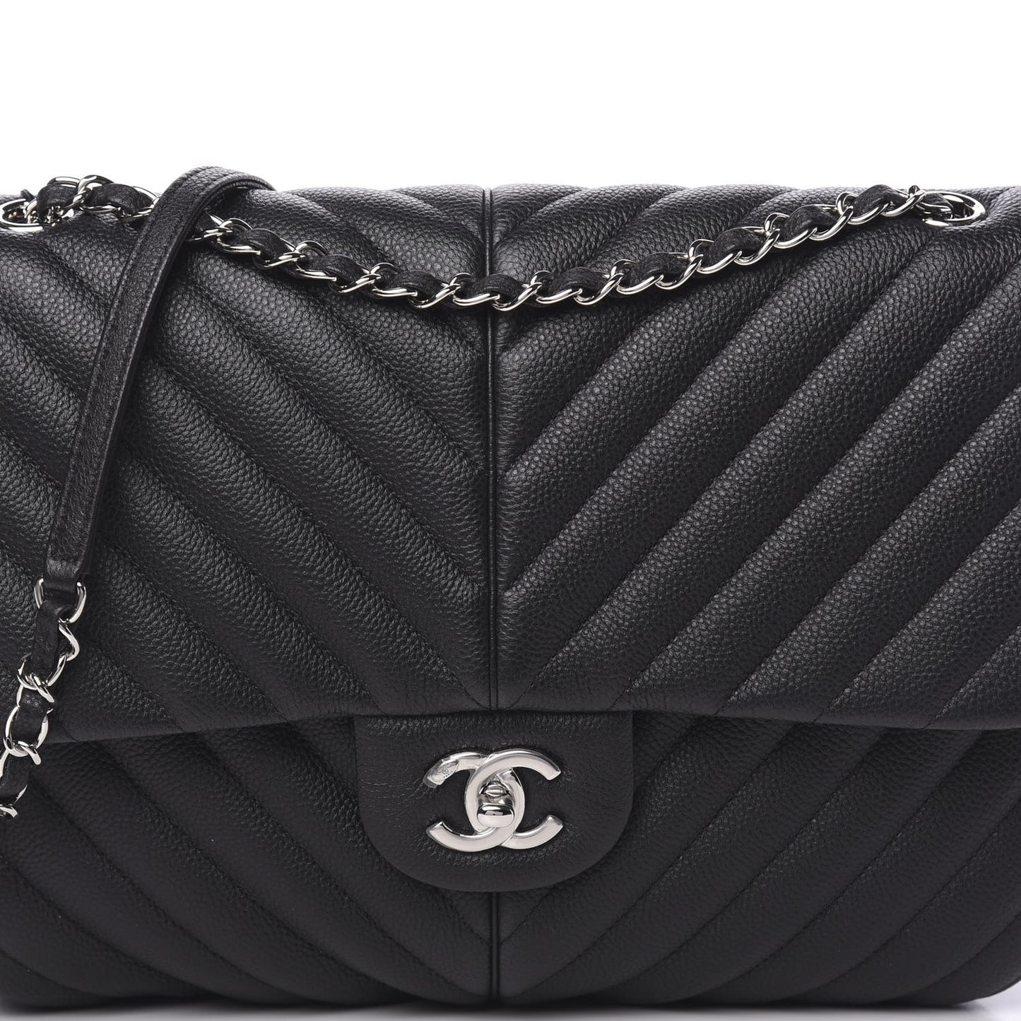 Caviar Chevron Quilted Large Puffy CC Flap Black