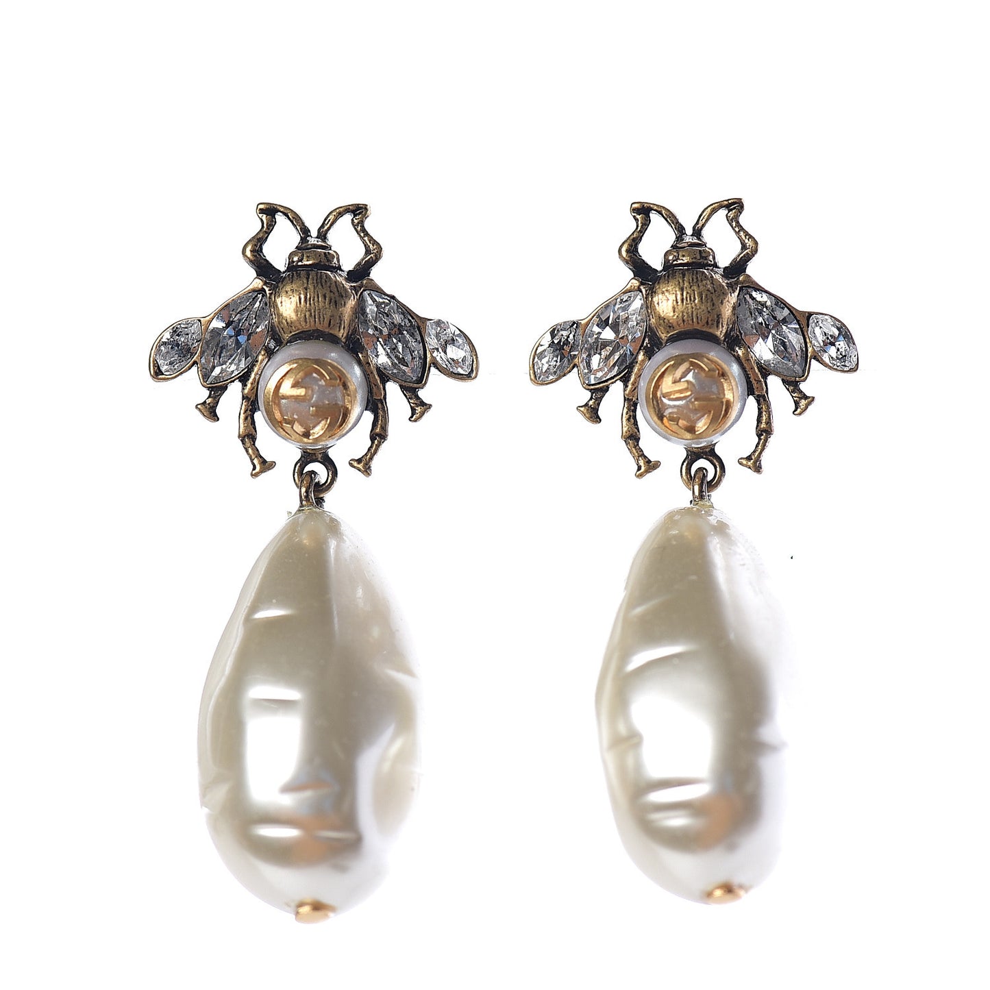 Crystal Pearl Drop Bee Earrings Gold