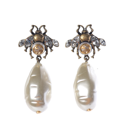 Gucci Crystal Pearl Drop Bee Earrings Gold 1 of 2
