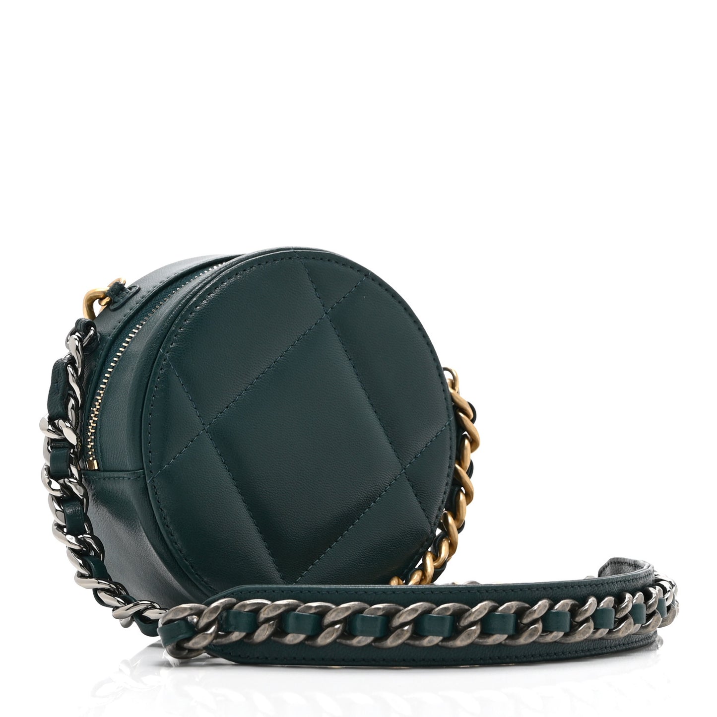 Lambskin Quilted Chanel 19 Round Clutch With Chain Green