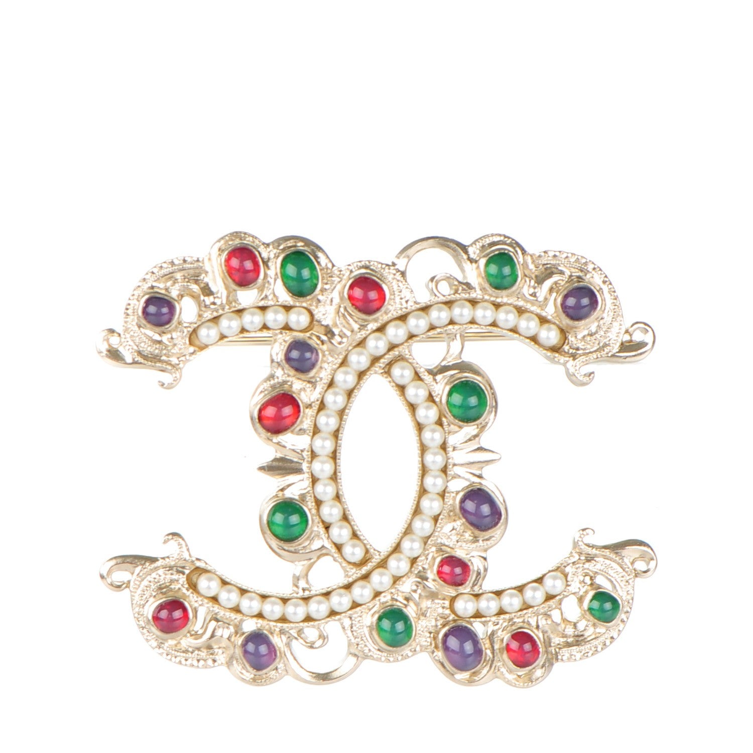 Chanel Gripoix Pearl CC Brooch Multicolor Light Gold 1 of 4