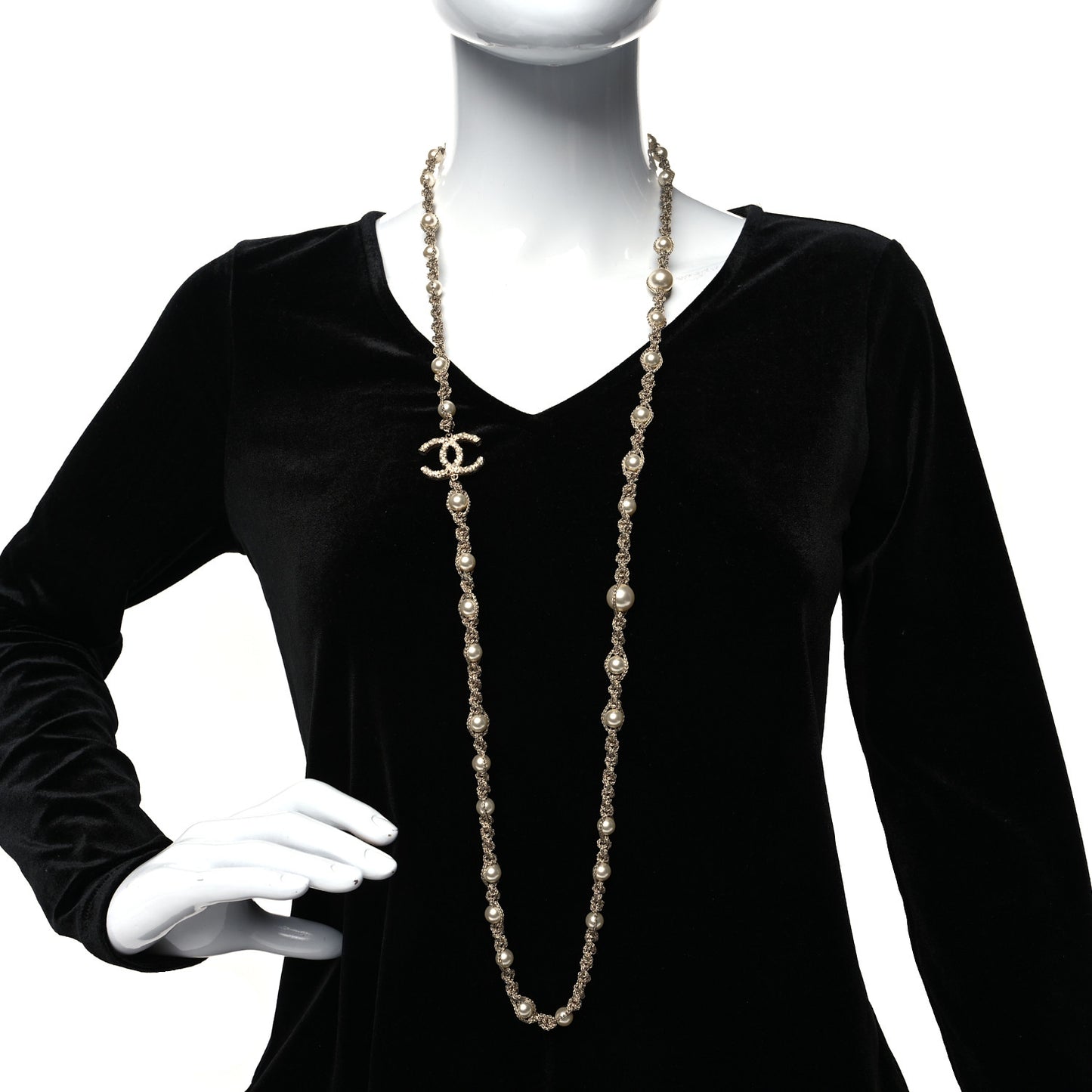 Pearl Crystal Bead Chain CC Long Necklace Gold