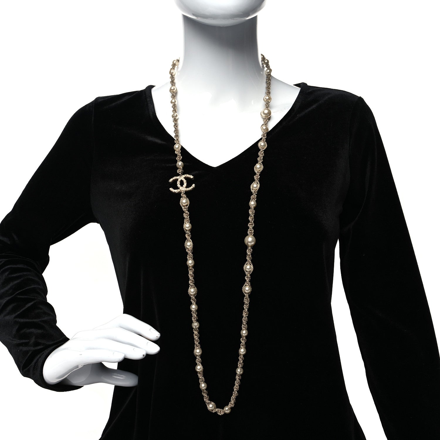 Chanel Pearl Crystal Bead Chain CC Long Necklace Gold 2 of 5