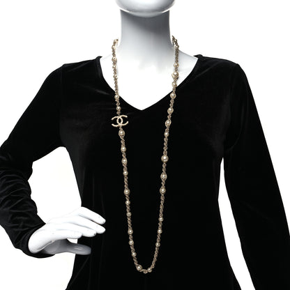 Chanel Pearl Crystal Bead Chain CC Long Necklace Gold 2 of 5