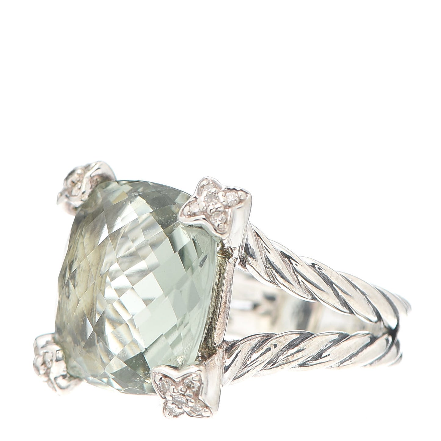 Sterling Silver Diamond Prasiolite 15mm Cushion On Point Ring 54 6.75