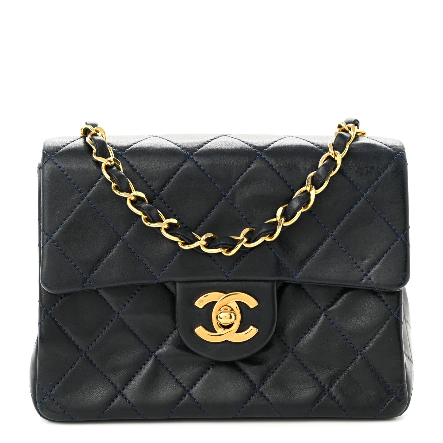 Lambskin Quilted Mini Square Flap Navy Blue