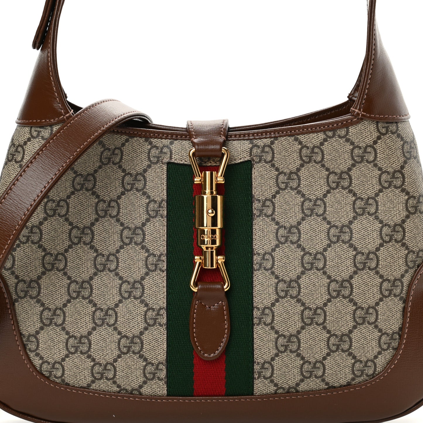 GG Supreme Monogram Azalea Calfskin Web Small Jackie 1961 Hobo Beige Ebony Brown Sugar
