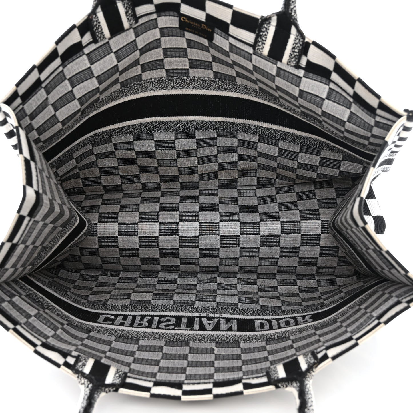 Canvas Embroidered Checkered Book Tote Black White