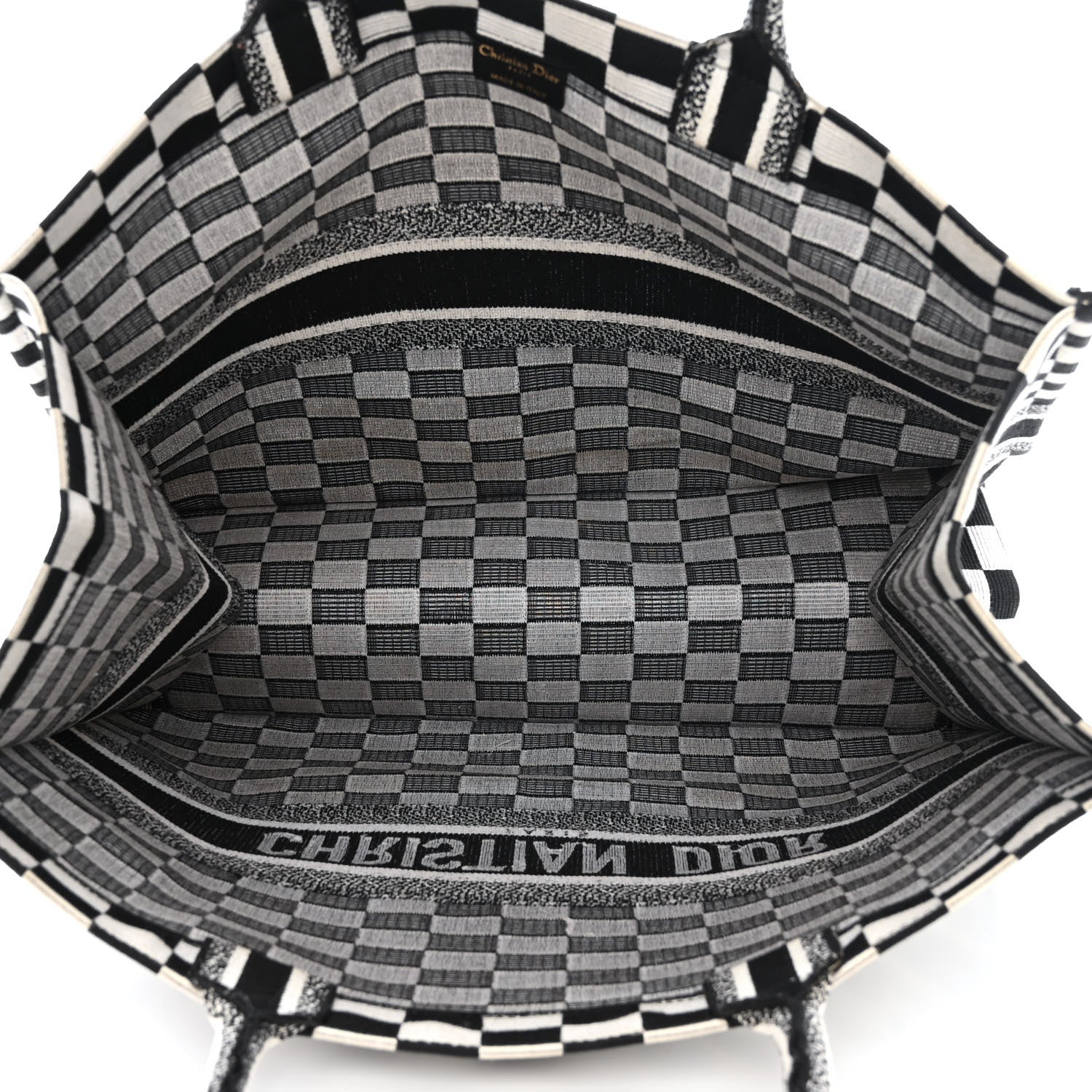 Christian Dior Canvas Embroidered Checkered Book Tote Black White 5 of 11
