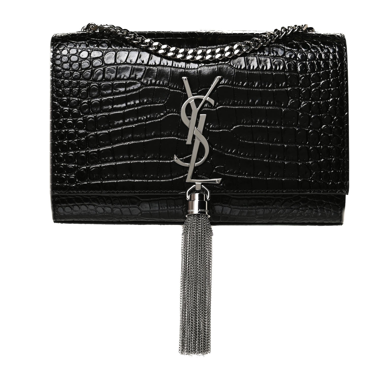 Saint Laurent Calfskin Crocodile Embossed Small Classic Monogram Kate Tassel Satchel Black 1 of 11