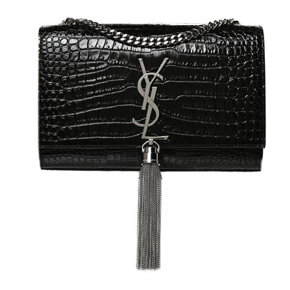 Saint Laurent Calfskin Crocodile Embossed Small Classic Monogram Kate Tassel Satchel Black 1 of 11