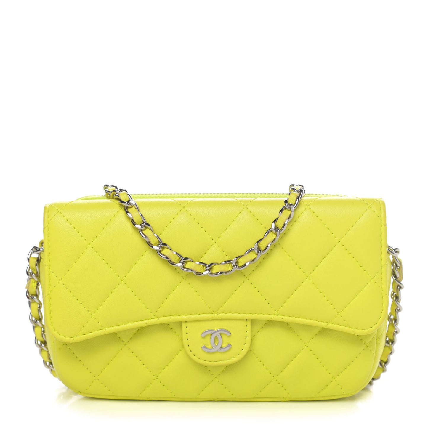 Lambskin Quilted Flap Phone Holder With Chain Neon Yellow