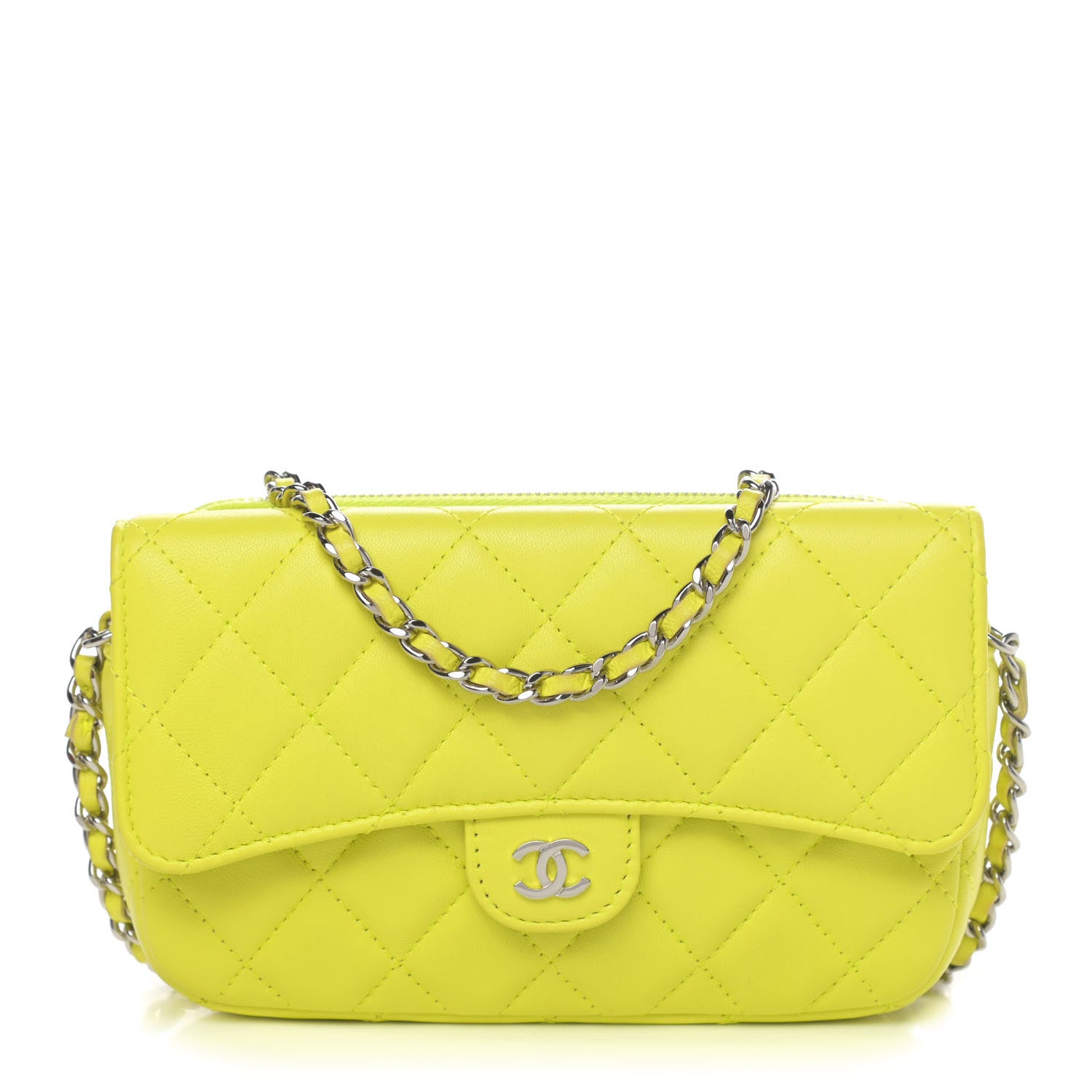 Chanel Lambskin Quilted Flap Phone Holder With Chain Neon Yellow 1 of 6