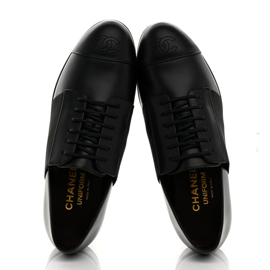 Calfskin Elastic Lace Up Cap Toe CC Loafers 36 Black