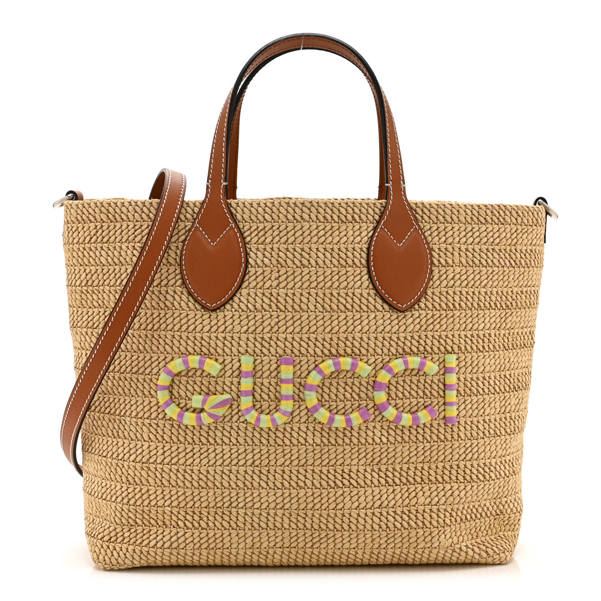 Gucci Raffia Woven Logo Patch Medium Tote Bag Natural Brown Multicolor 1 of 10