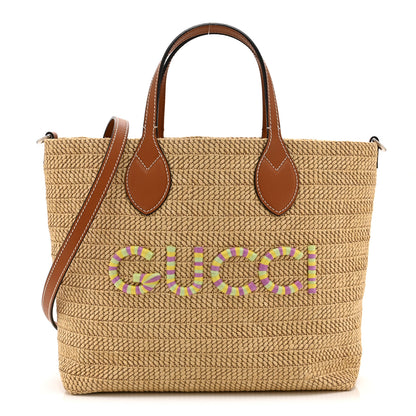 Gucci Raffia Woven Logo Patch Medium Tote Bag Natural Brown Multicolor 1 of 10