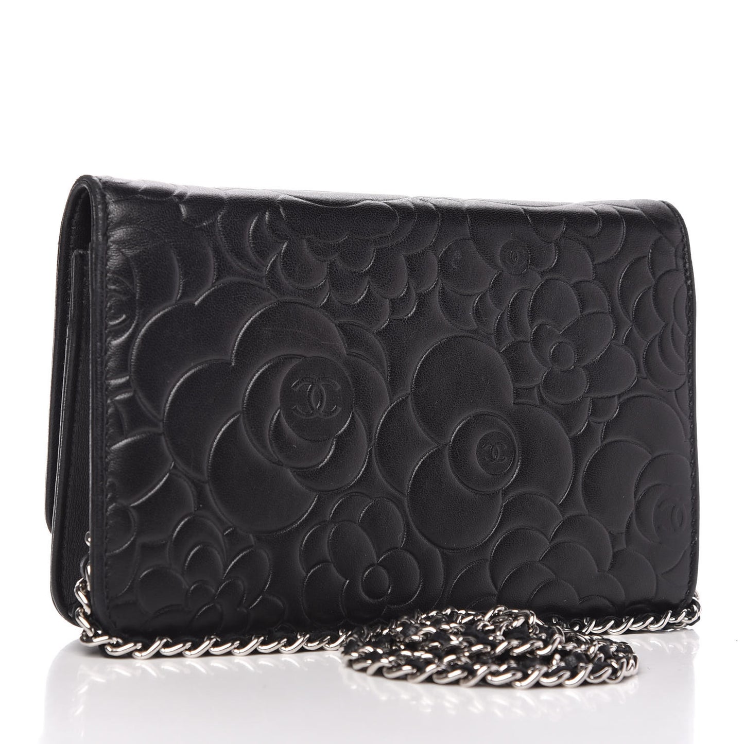 Lambskin Camellia Embossed Wallet on Chain WOC Black