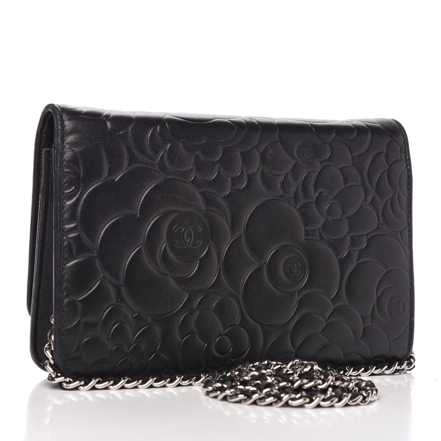 Chanel Lambskin Camellia Embossed Wallet on Chain WOC Black 3 of 12