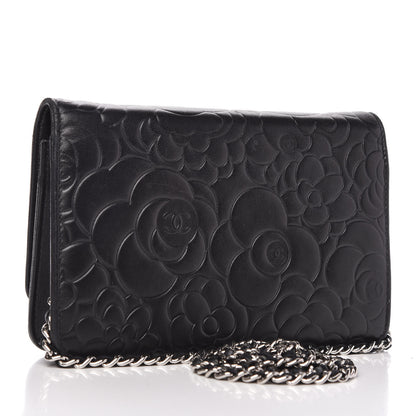 Chanel Lambskin Camellia Embossed Wallet on Chain WOC Black 3 of 12