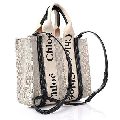 Chloe Cotton Calfskin Small Woody Ribbon Tote With Strap White Navy 3 of 9