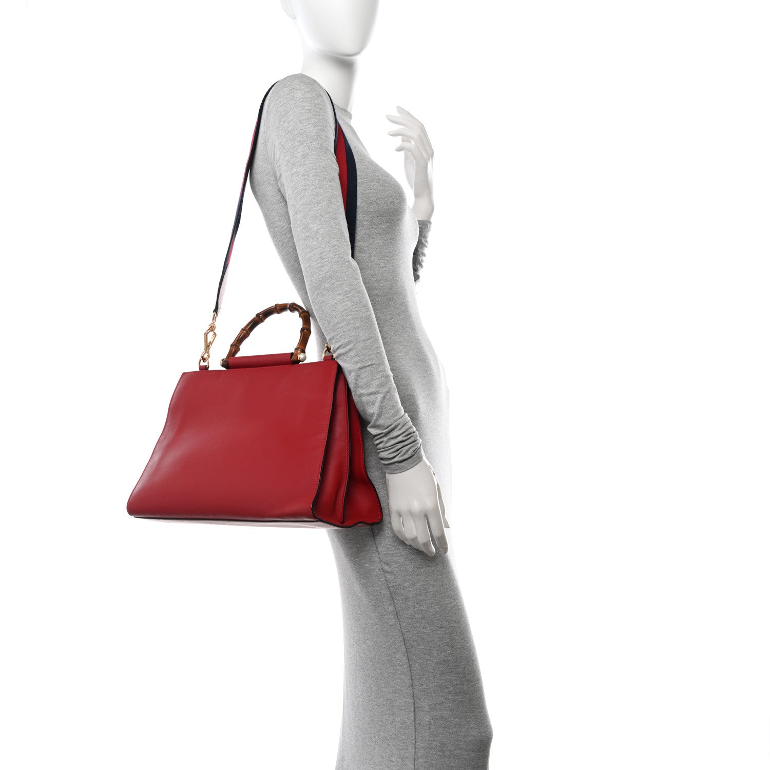 Gucci Nappa Bamboo Web Medium Nymphaea Top Handle Bag Hibiscus Red 2 of 19