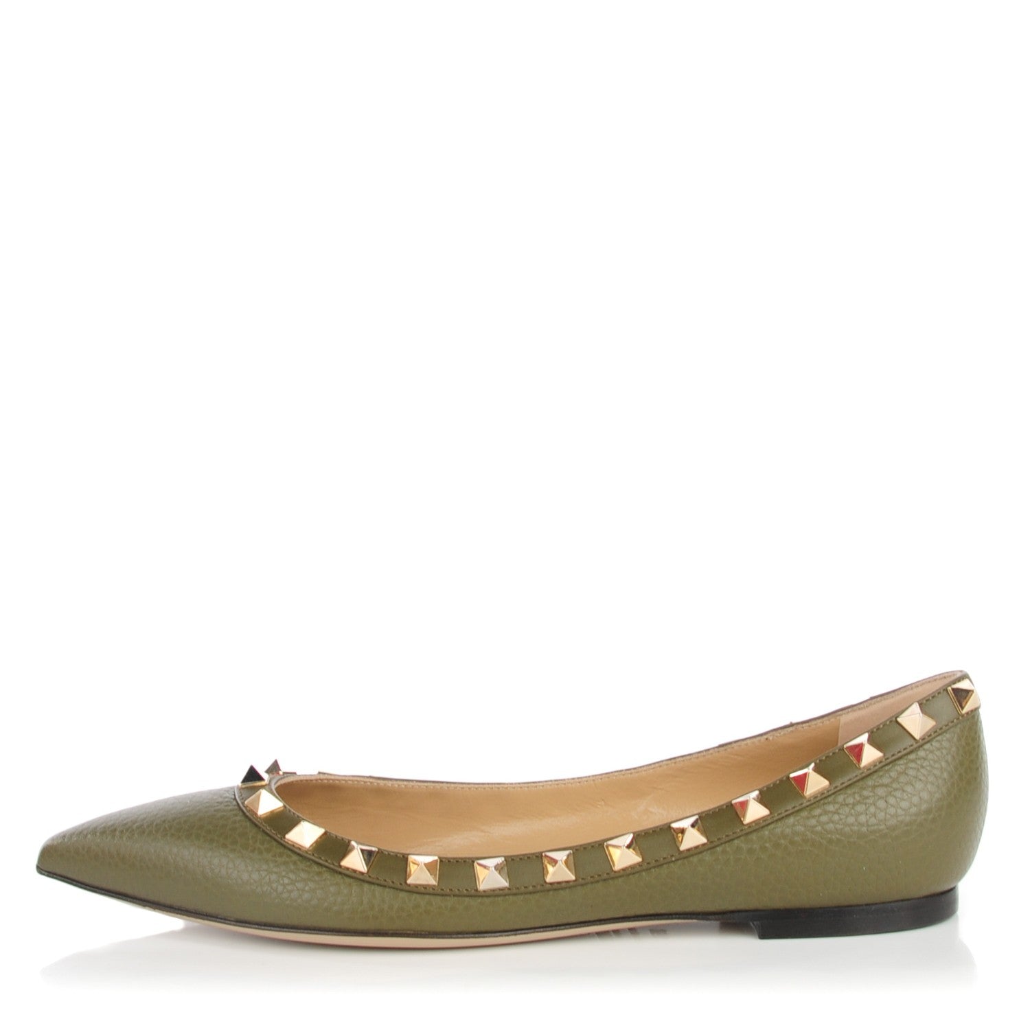 Valentino Garavani Pebbled Calfskin Rockstud Ballerina Flats 35.5 Army Green 1 of 9