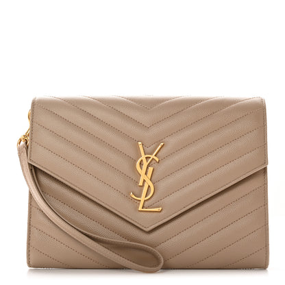 Saint Laurent Grain De Poudre Matelasse Chevron Monogram Envelope Clutch Dark Beige 1 of 13