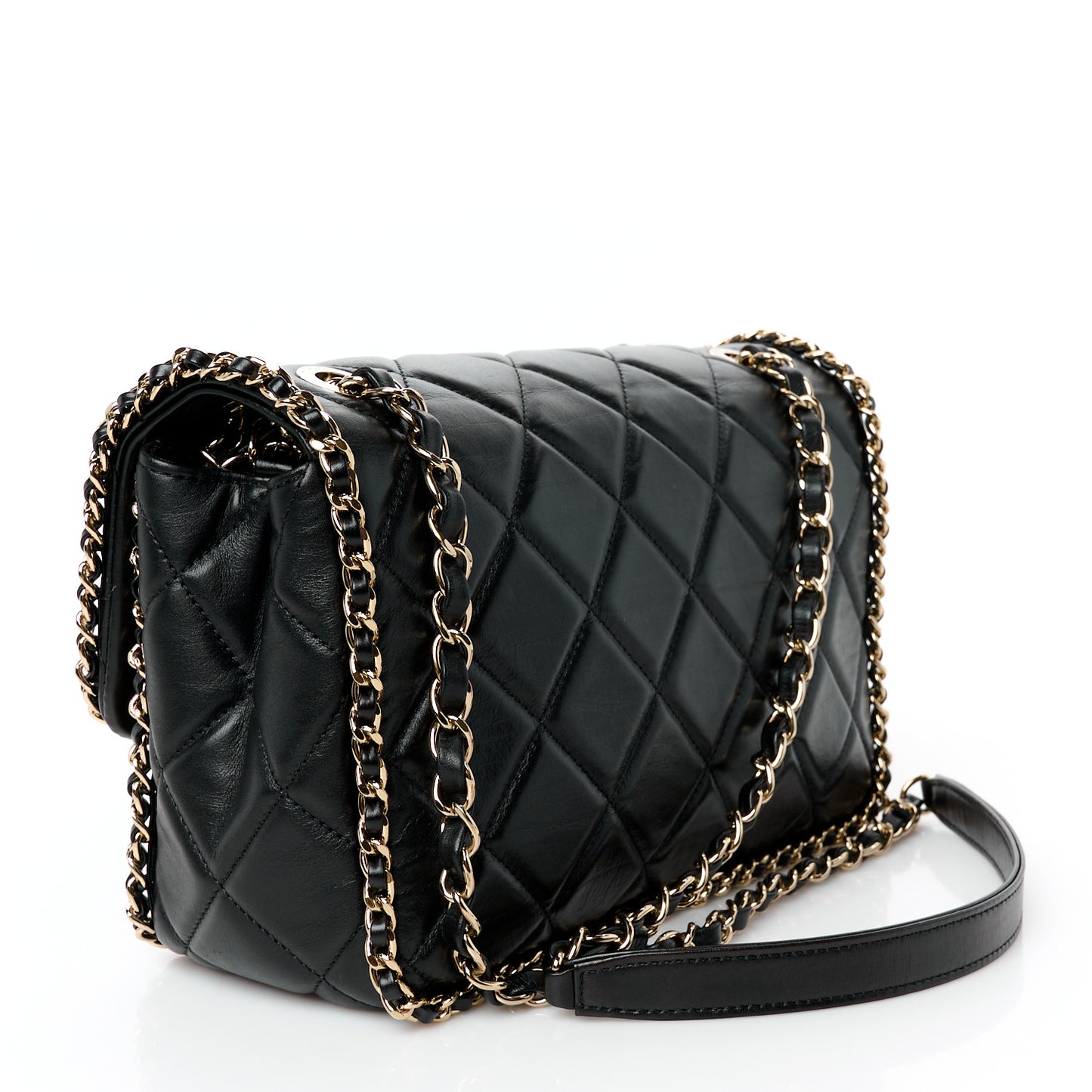 Crumpled Calfskin Medium Chain All Over Flap Black