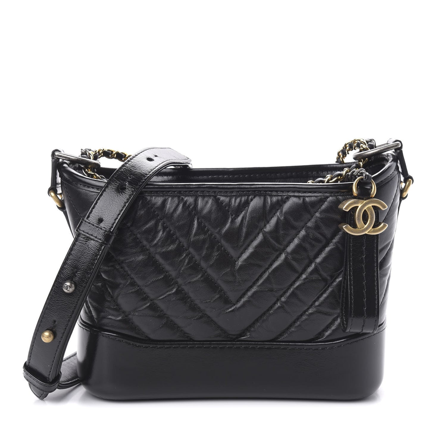 Aged Calfskin Chevron Quilted Small Gabrielle Hobo Black