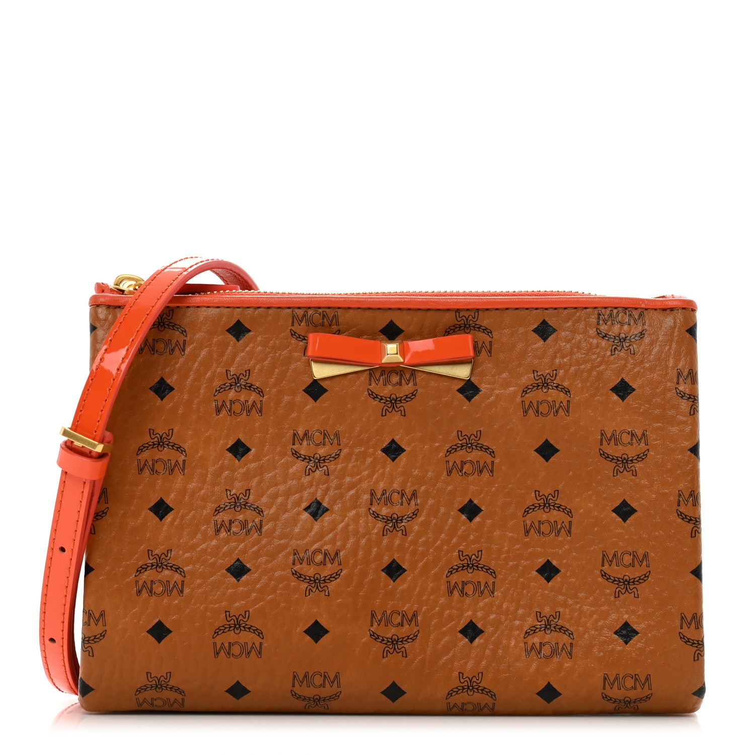 MCM Visetos Patent Mina Crossbody Pouch Cognac Orange 1 of 11