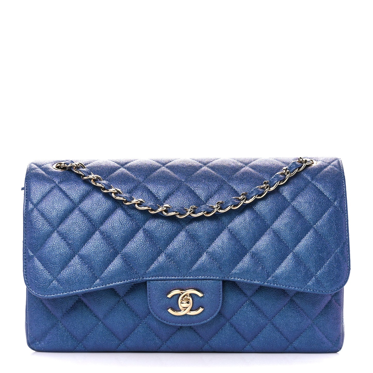 Iridescent Caviar Quilted Jumbo Double Flap Dark Blue
