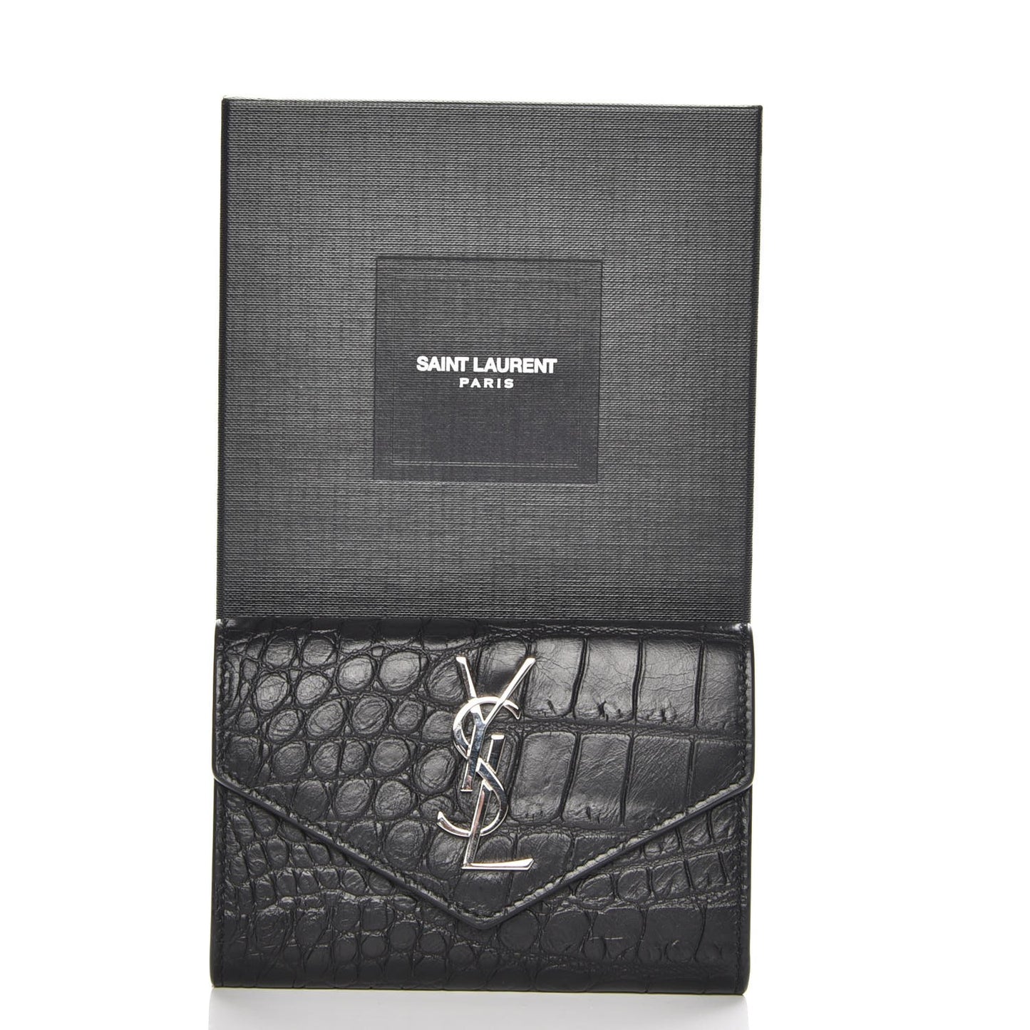 Calfskin Crocodile Embossed Small Monogram Envelope Wallet Black