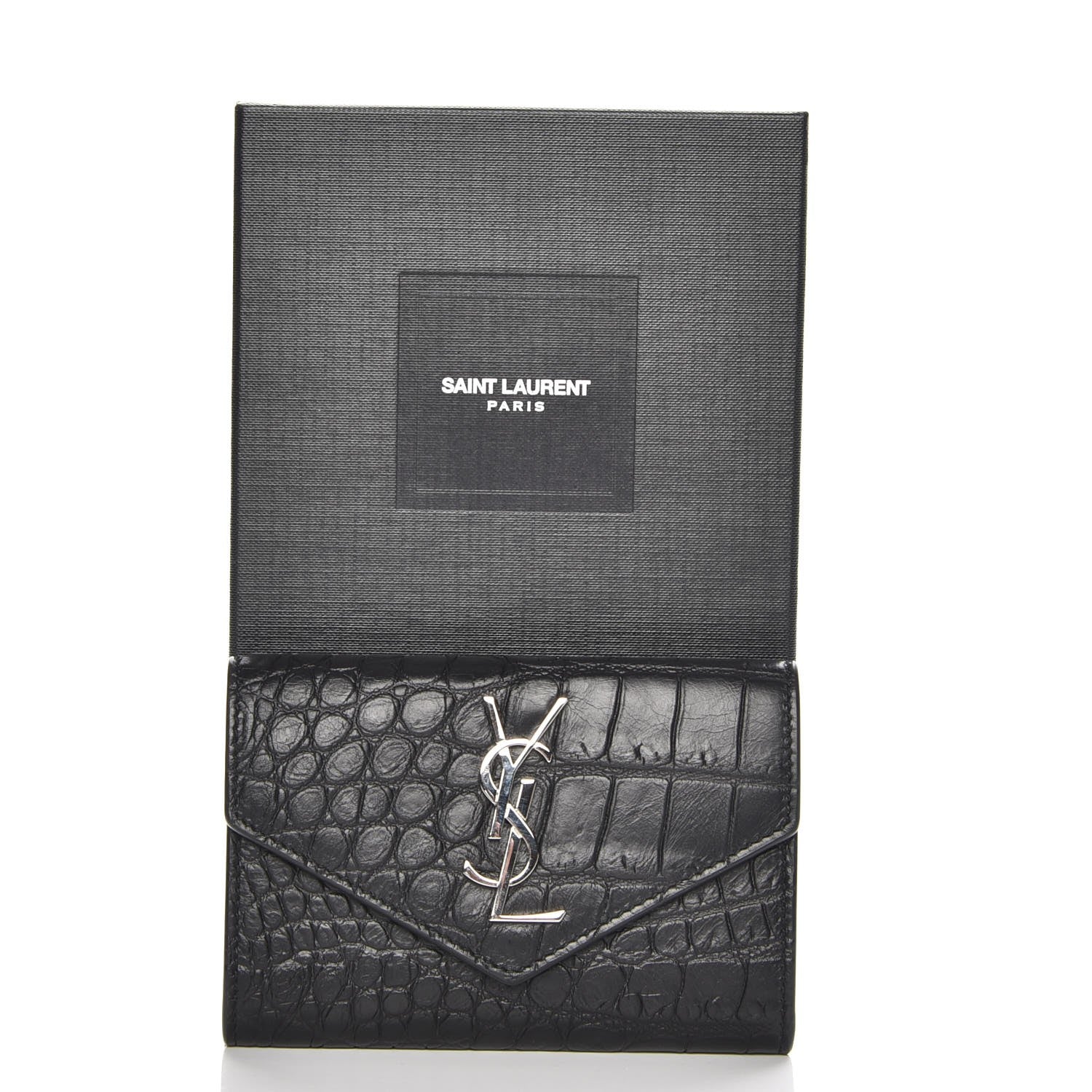 Saint Laurent Calfskin Crocodile Embossed Small Monogram Envelope Wallet Black 8 of 8