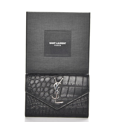 Saint Laurent Calfskin Crocodile Embossed Small Monogram Envelope Wallet Black 8 of 8