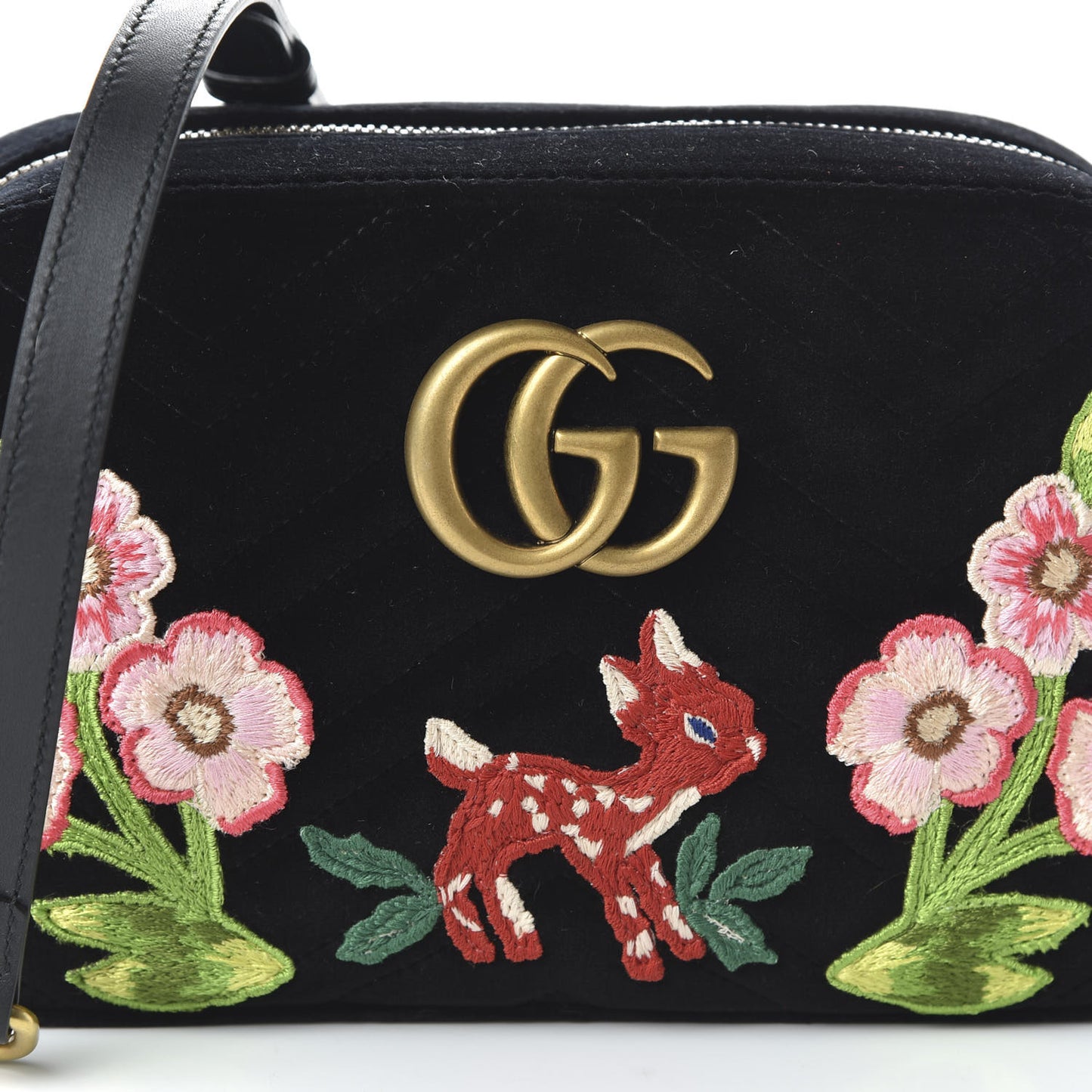 Velvet Matelasse Deer Embroidered Small GG Marmont Chain Shoulder Bag Black