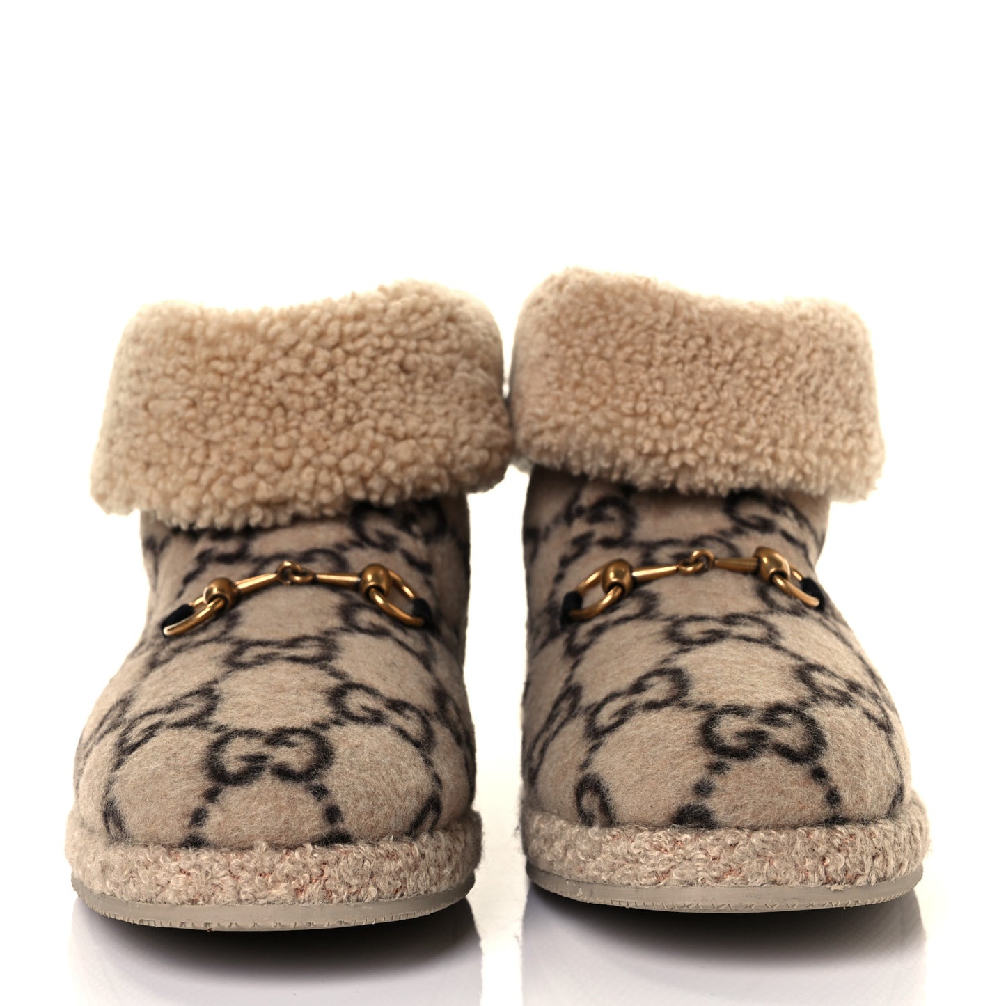 Covered Wool GG Monogram Mens Fria Horsebit Ankle Boots 9 Beige Ebony Butterscotch