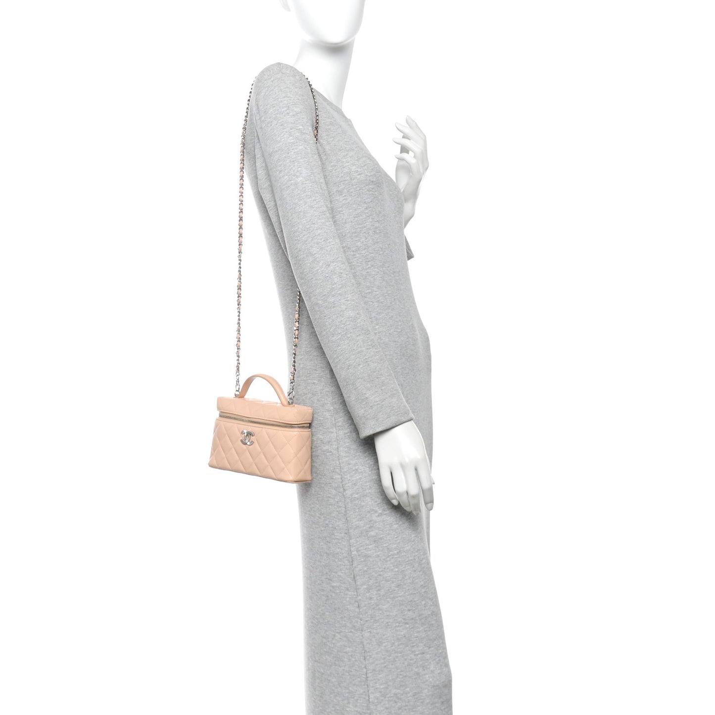 Caviar Quilted Ridged CC Top Handle Slim Vanity Case With Chain Beige