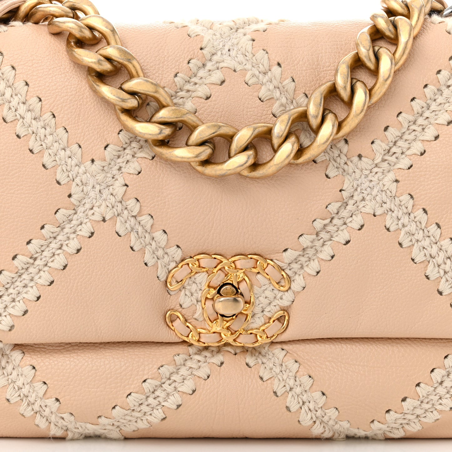 Calfskin Crochet Large Chanel 19 Flap Beige
