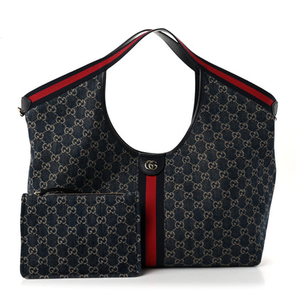Gucci Denim GG Monogram Web Large Giglio Tote Blue 3 of 10