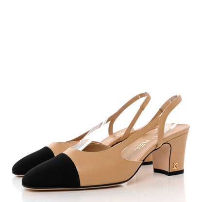Chanel Goatskin Grosgrain Cap Toe CC Slingback Pumps 37 Beige Black 3 of 11