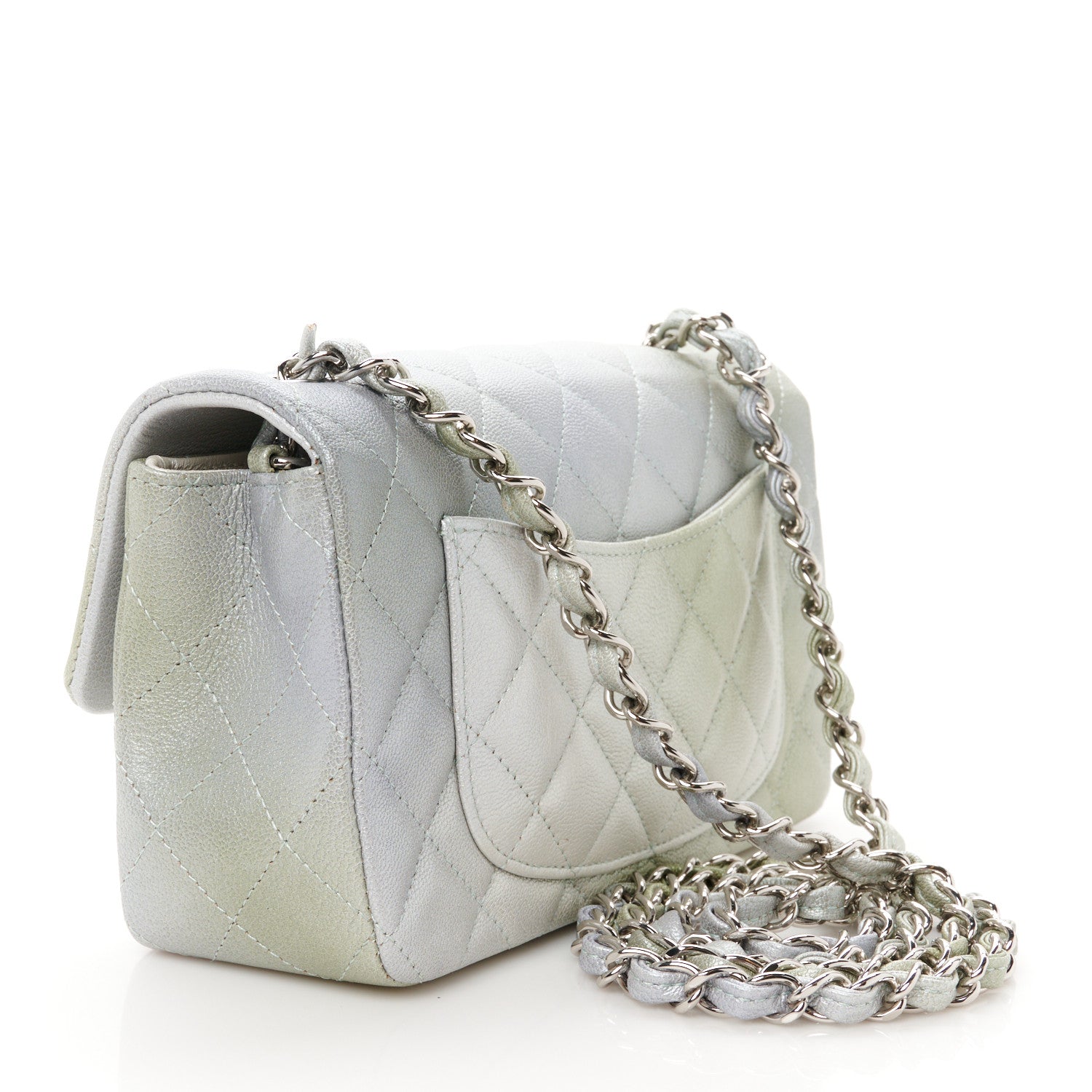 Chanel Metallic Goatskin Quilted Ombre Mini Rectangular Flap Grey Green 3 of 12