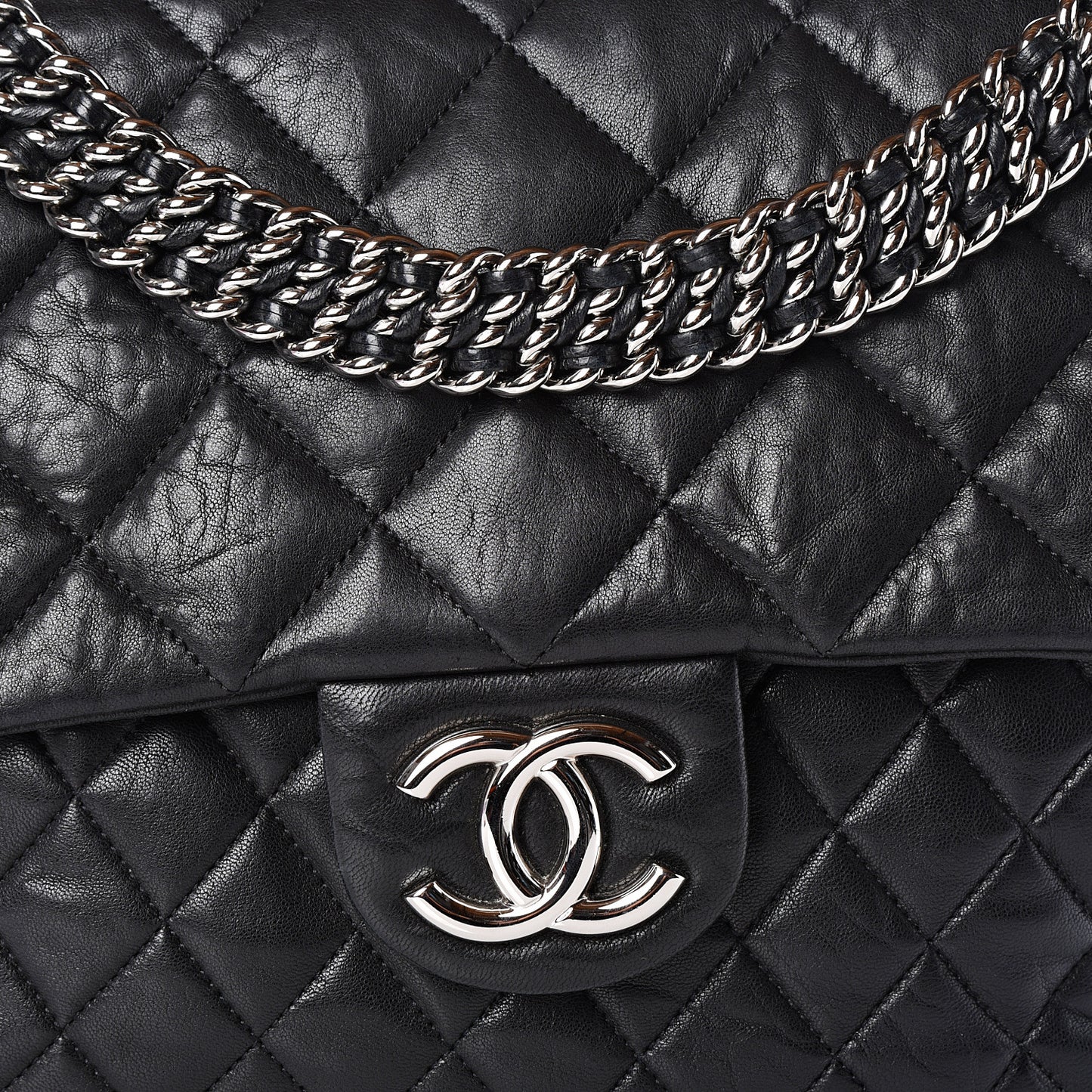 Washed Lambskin Quilted Maxi Chain Around Flap Black