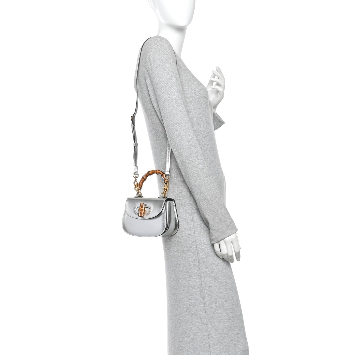 Metallic Calfskin Mini Bamboo 1947 Top Handle Bag Silver