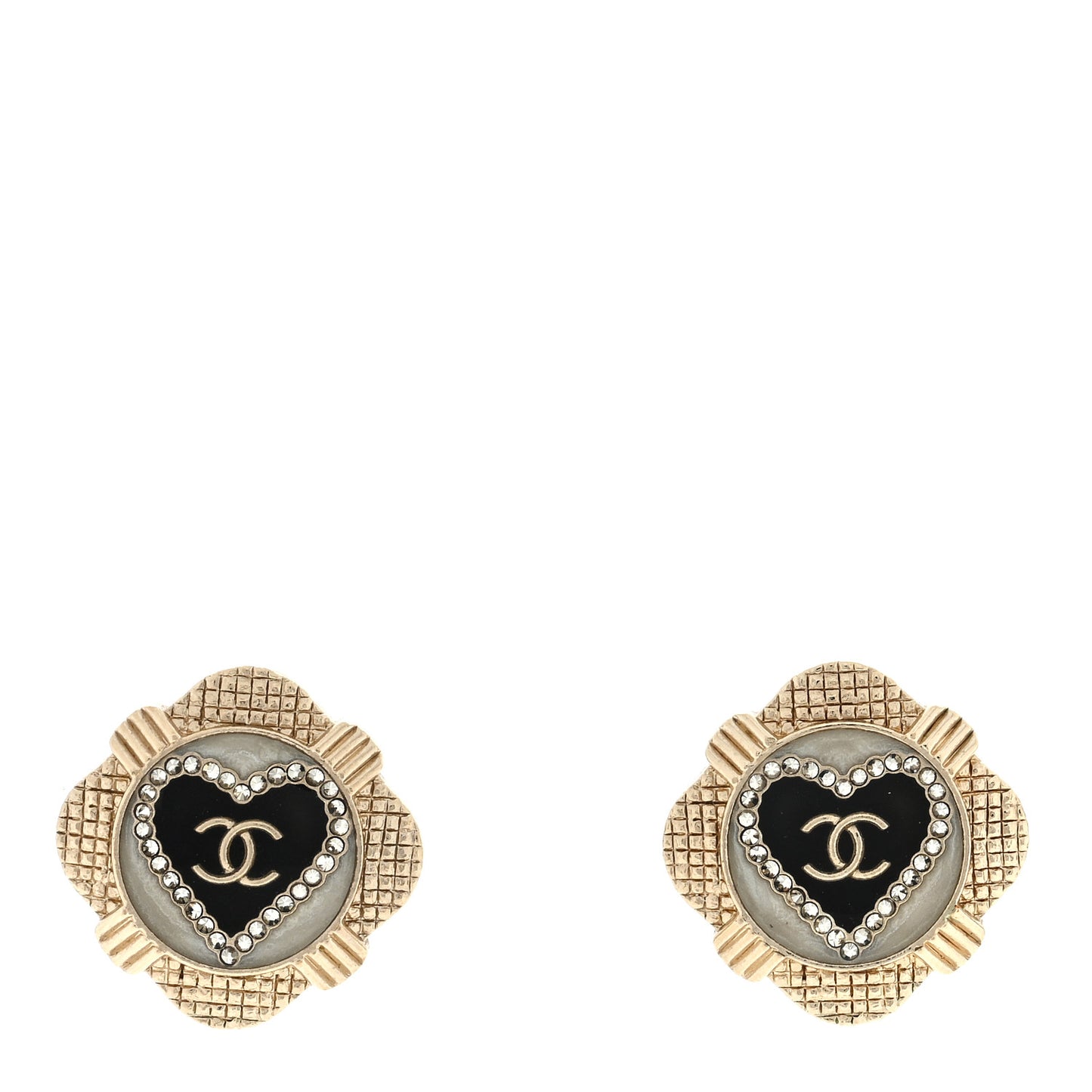 Resin Crystal Quilted CC Heart Earrings Gold Black